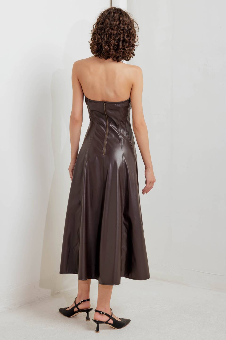 ESPRESSO DIVA FAUX LEATHER MIDI DRESS