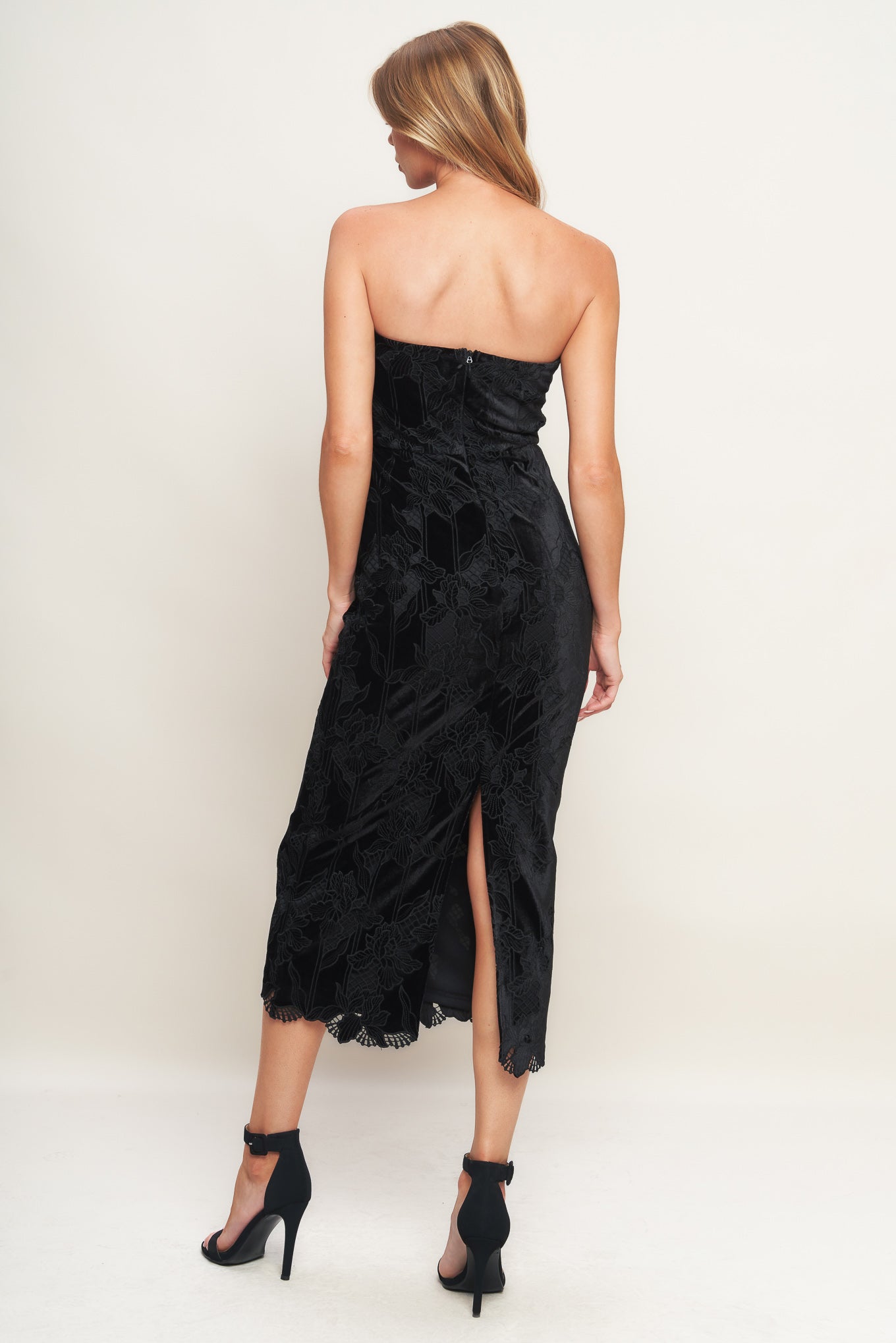 BLACK TEMPTATION WOVEN VELVET LACE MIDI DRESS