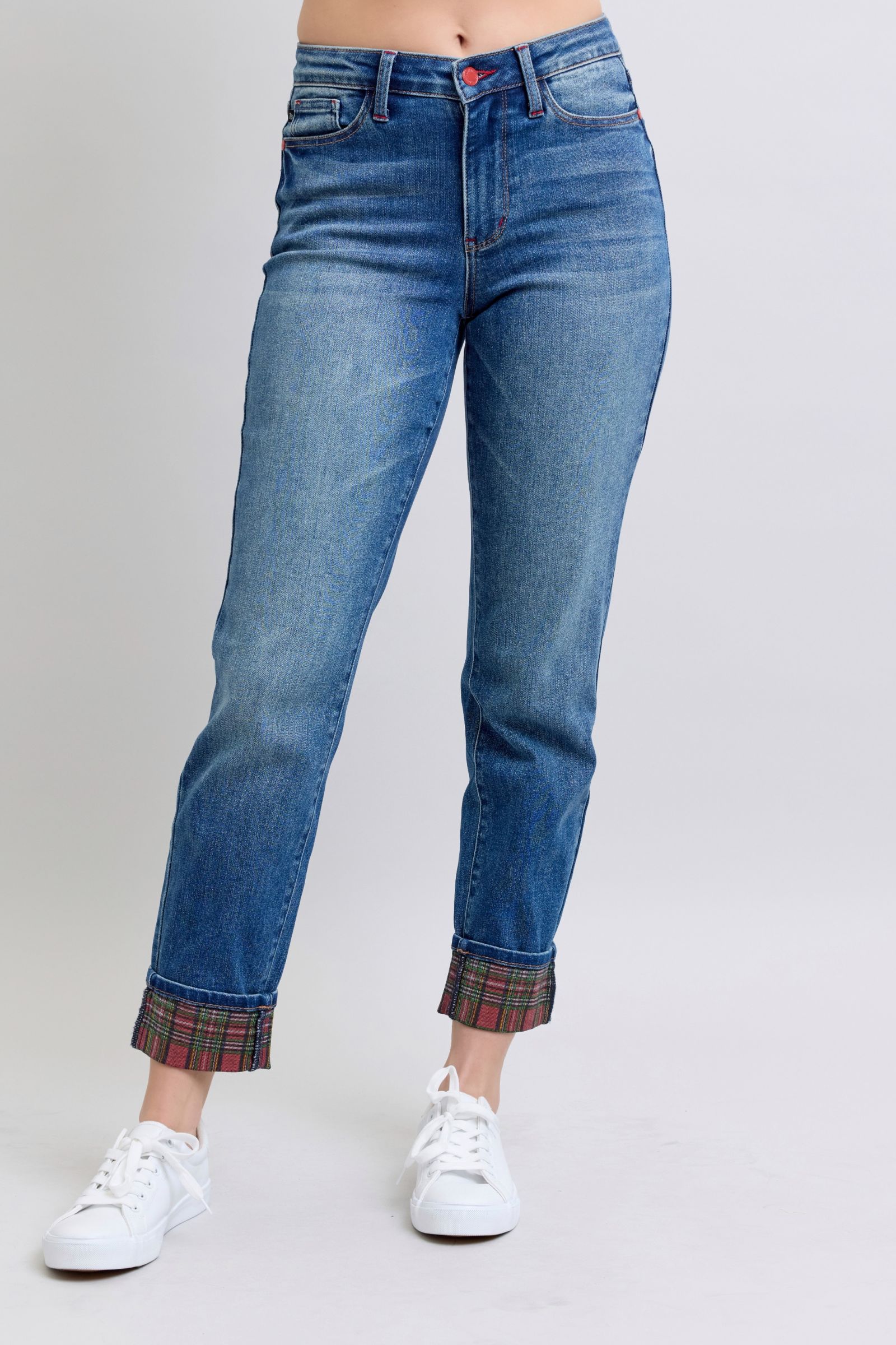 Plaid Print Cuff Jeans