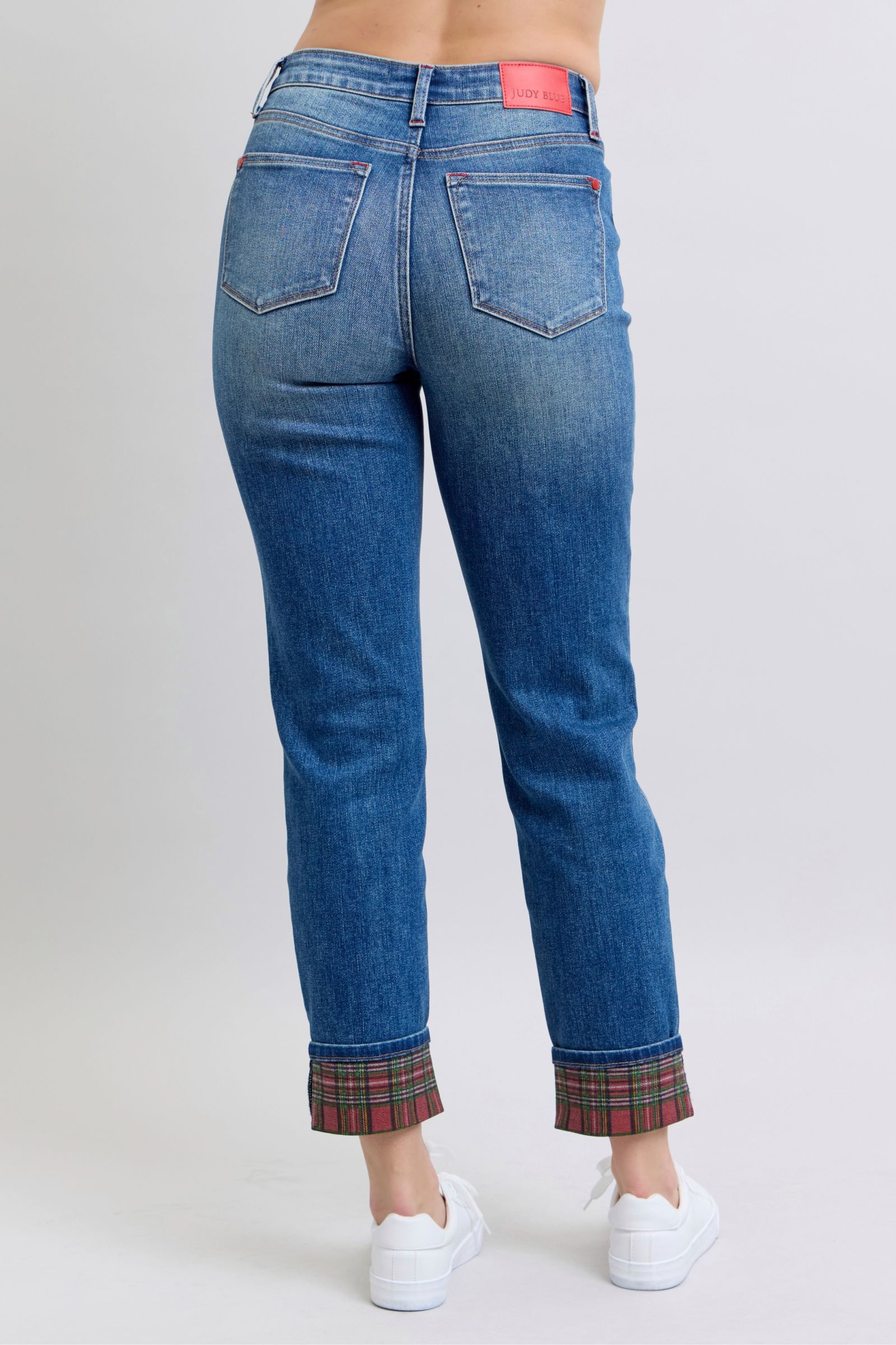 Plaid Print Cuff Jeans