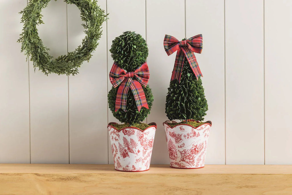 Small Red Toile Snowman Boxwood Potted Topiary