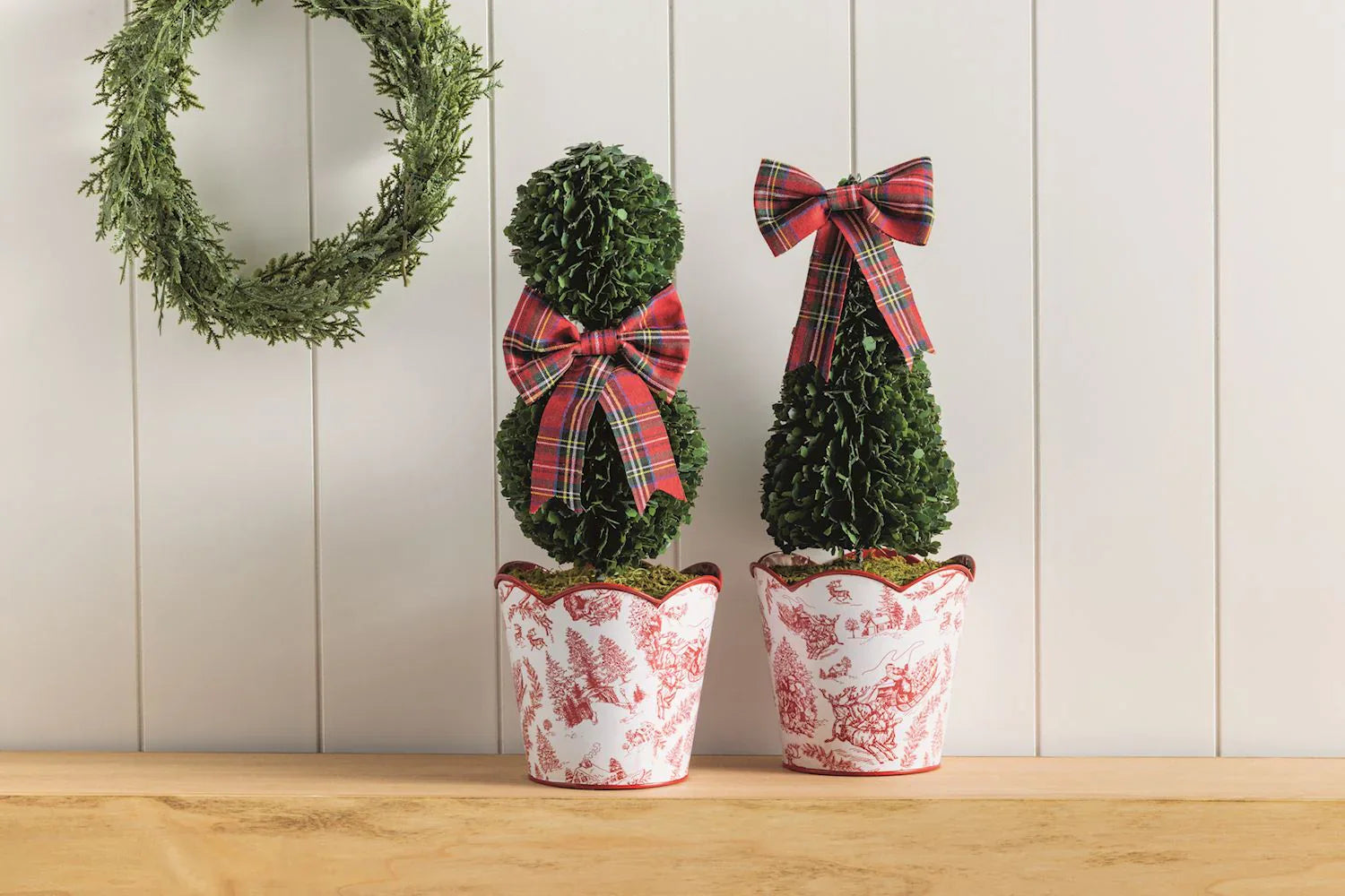 Small Red Toile Snowman Boxwood Potted Topiary