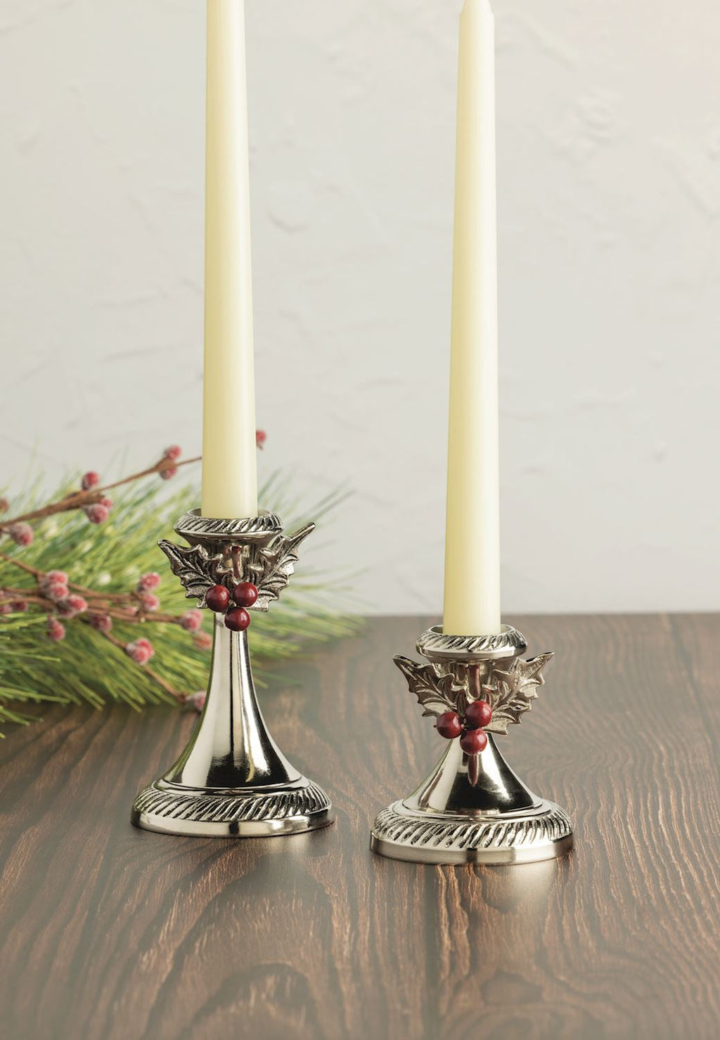 Holly Leaf & Berry Metal Candlesticks | 2 Sizes