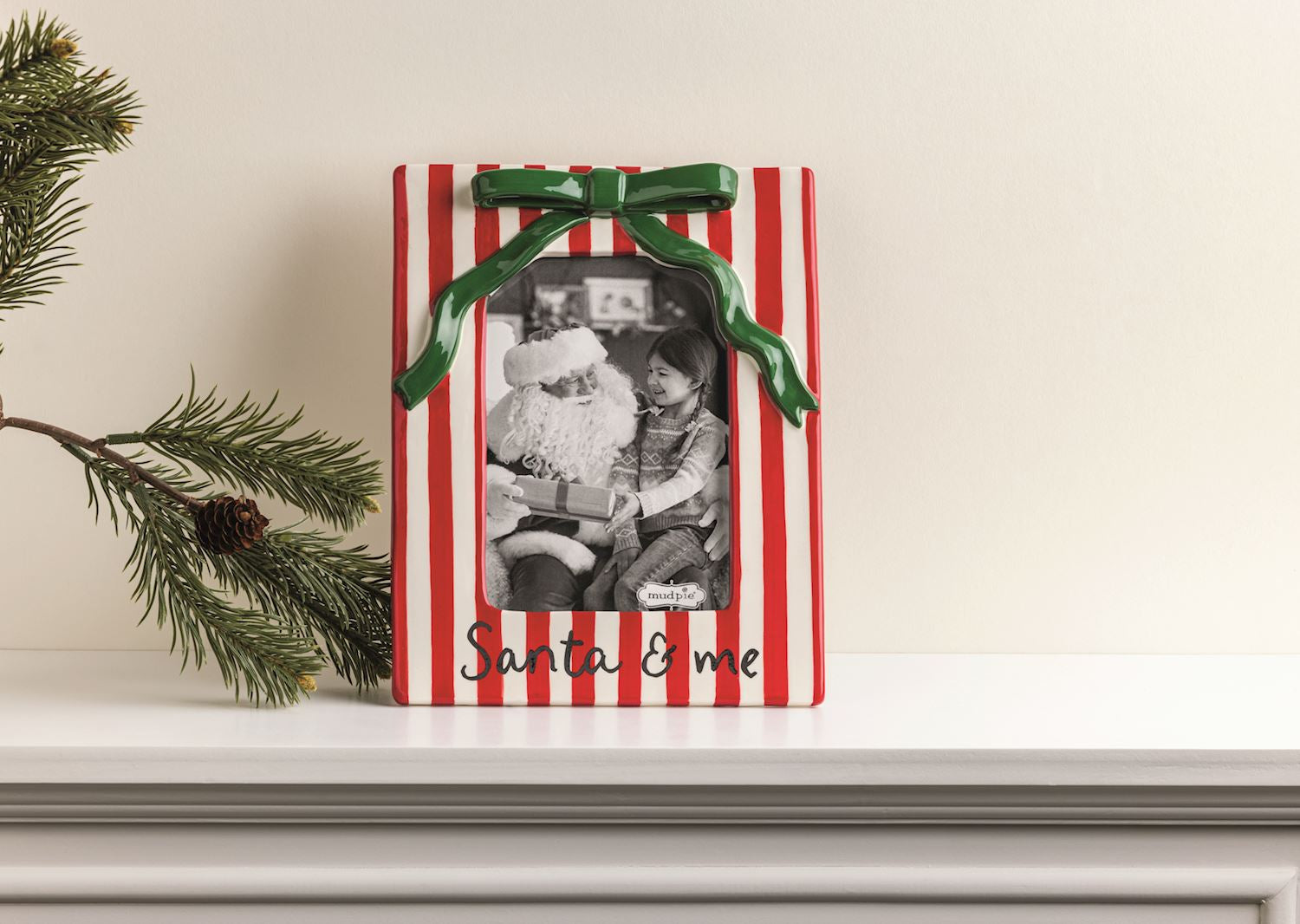 Christmas Bow Santa & Me Red & White Stripe Ceramic Photo Frame