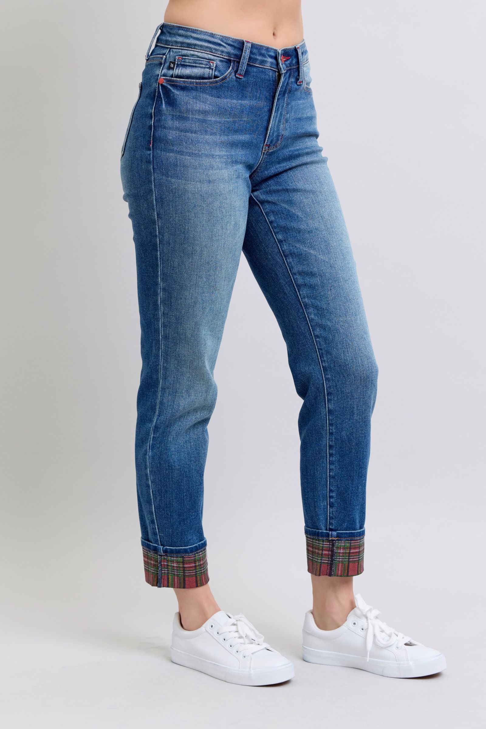 Plaid Print Cuff Jeans