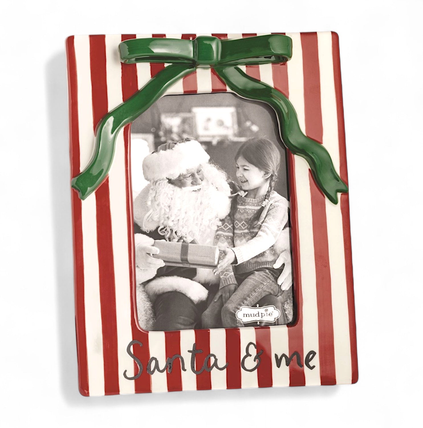 Christmas Bow Santa & Me Red & White Stripe Ceramic Photo Frame