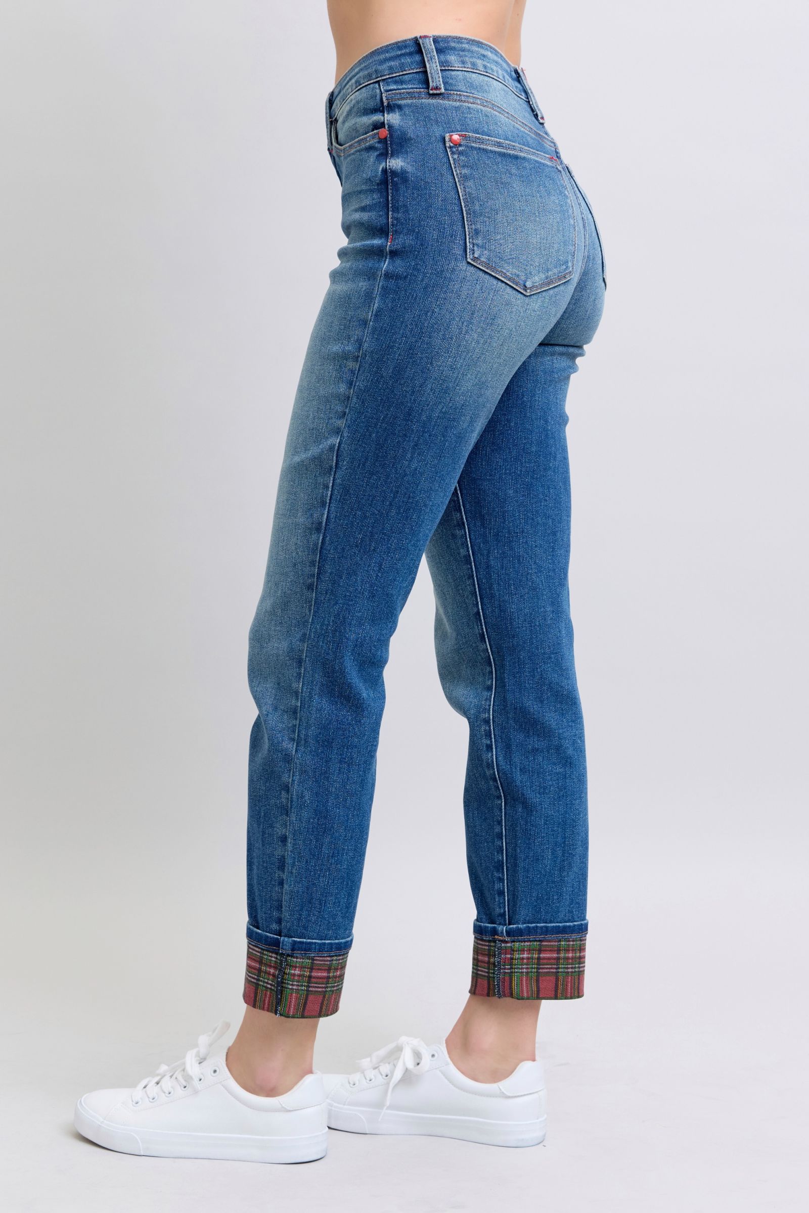 Plaid Print Cuff Jeans