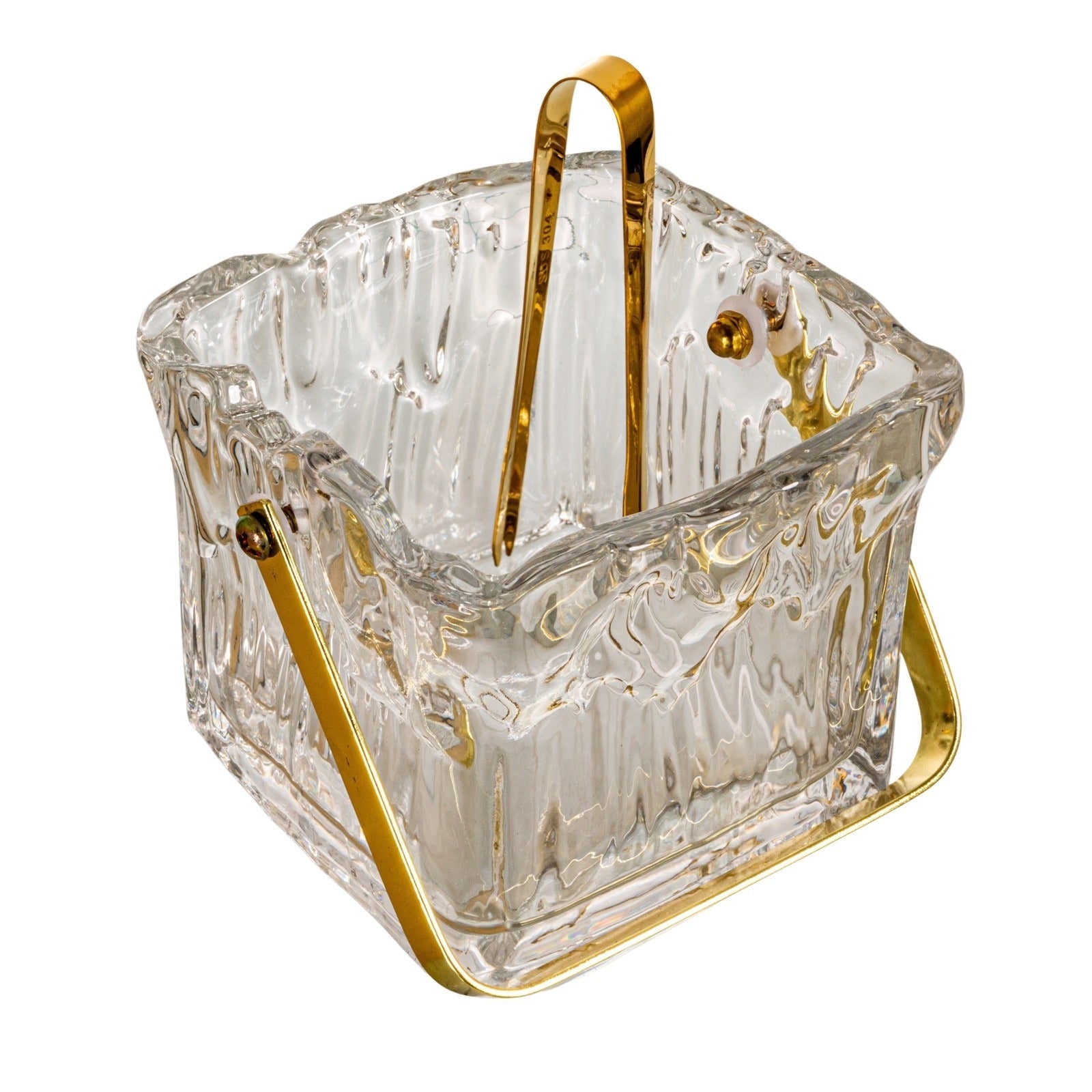 Textured Glass Ice Bucket with Gold Handle & Tongs