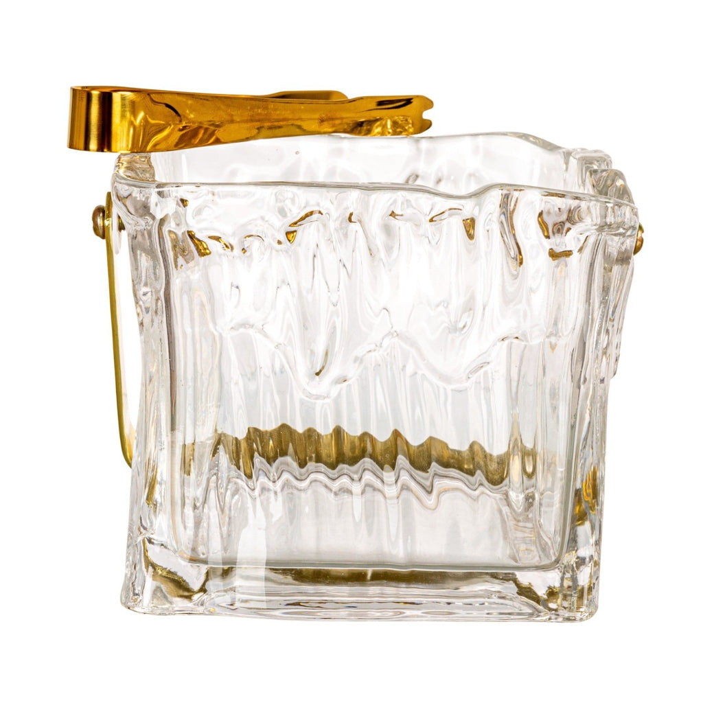 Textured Glass Ice Bucket with Gold Handle & Tongs