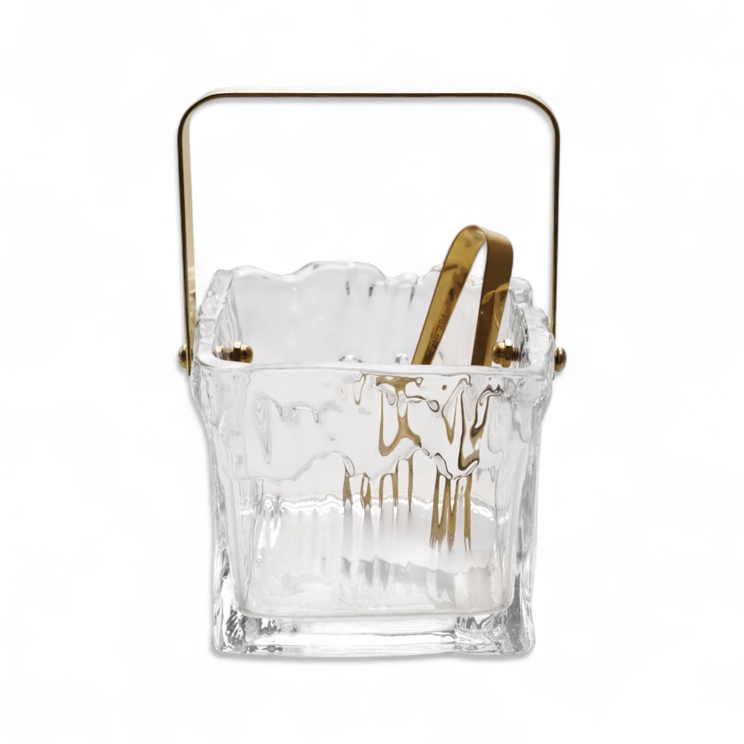 Textured Glass Ice Bucket with Gold Handle & Tongs